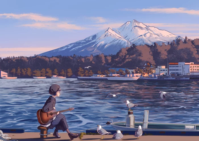 Harbor - Anime, Anime art, Anime original, Harbor, Girls, Guitar, Berth, Seagulls, Fishing vessel, The mountains, 