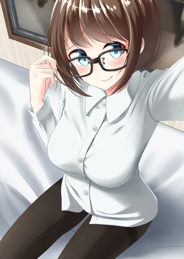 Меганеко - NSFW, Anime Art, Аниме, Девушки, Рисунок, Pixiv, Колготки, Панцу, Очки, Бикини, Длиннопост, Селфи, 