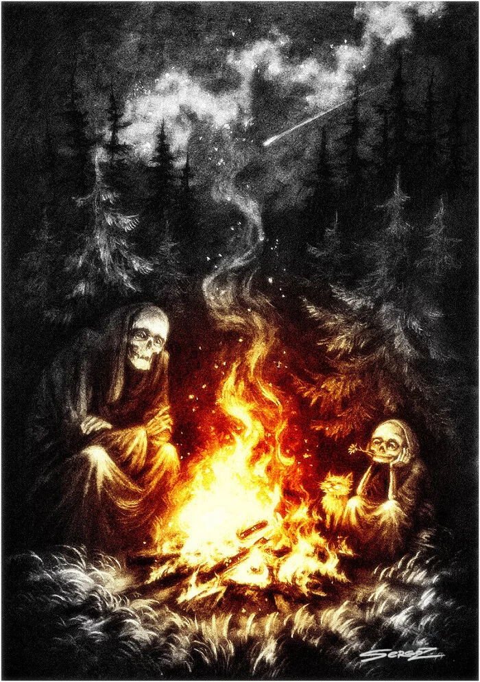 Campfire - My, Sergoz, Illustrations, Creation, Drawing, Characters (edit), Death, A life, Kindness, Video, Soundless, Vertical video, Longpost, 