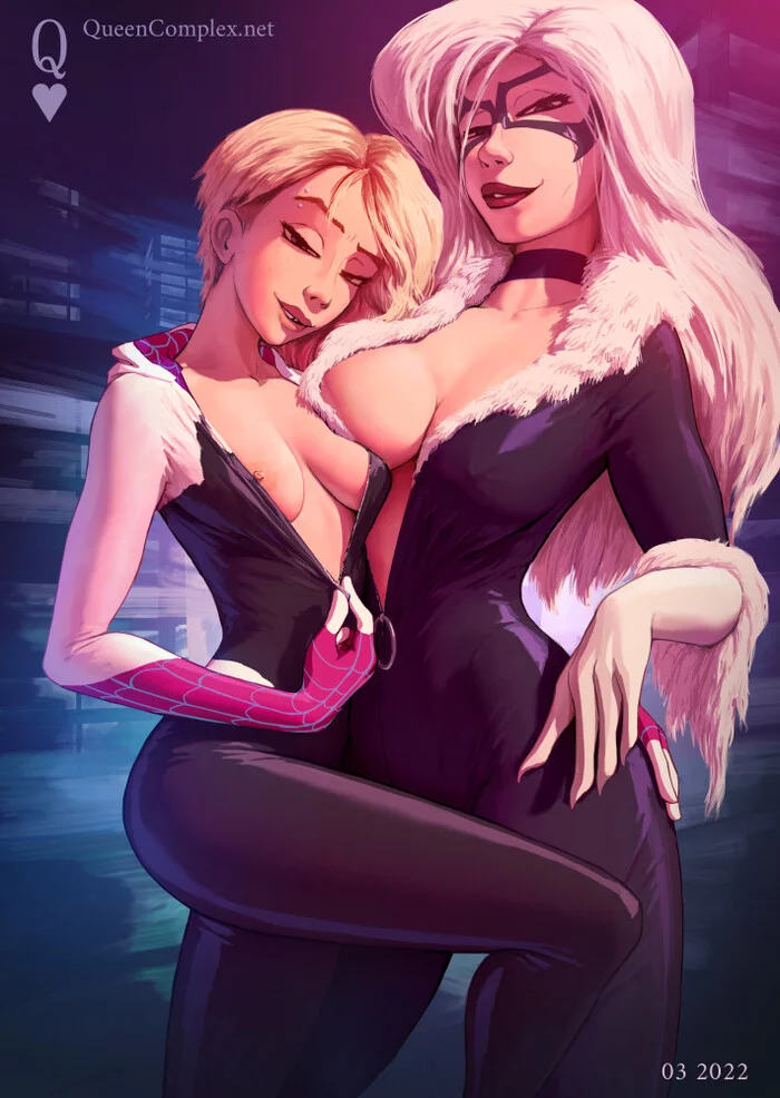 Gwen Stacy & Felicia Hardy - NSFW, Арт, Рисунок, Marvel, Человек-Паук, Black Cat, Фелиция Харди, Гвен Стейси, Девушки, Эротика, Рисованная эротика, Сиськи, Раздевание, Чокер, Супергерои, Queencomplex, 