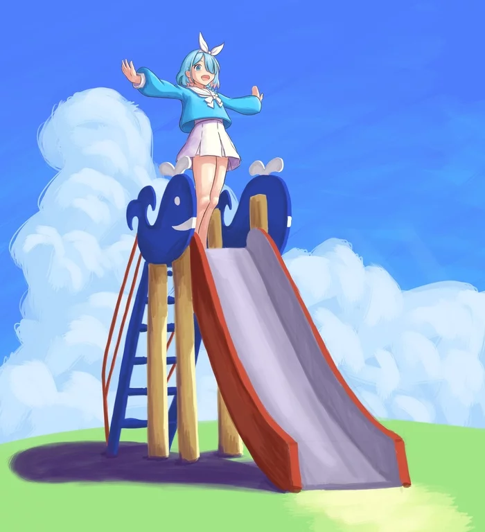 Arona on the slide - My, Blue archive, Art, Drawing, Anime art, Anime, Game art