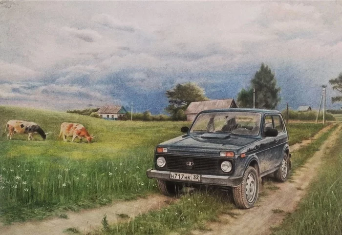 Before the storm drawing with colored pencils - My, Painting, Beginner artist, Sketch, Pen drawing, Sketch, Colour pencils, Niva, Village, Auto, Thunderstorm, Pencil drawing, Longpost, Drawing