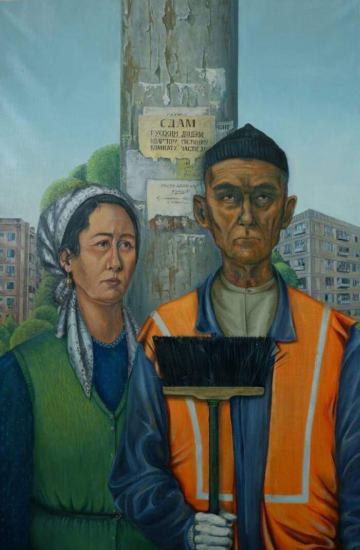 Moscow Gothic - Oil painting, Guest workers, American gothic, Grant Wood, 