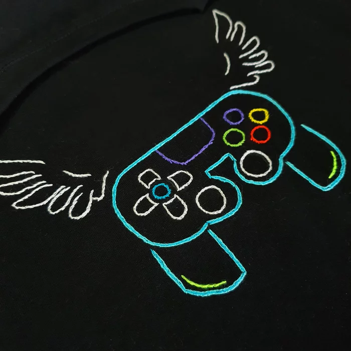 Contour embroidery, I missed - My, Embroidery, Creation, T-shirt, Gamepad, Gamers, Games, With your own hands, Needlework without process, Game art, Embroidery, Needlework, Presents, Handmade, Longpost, 