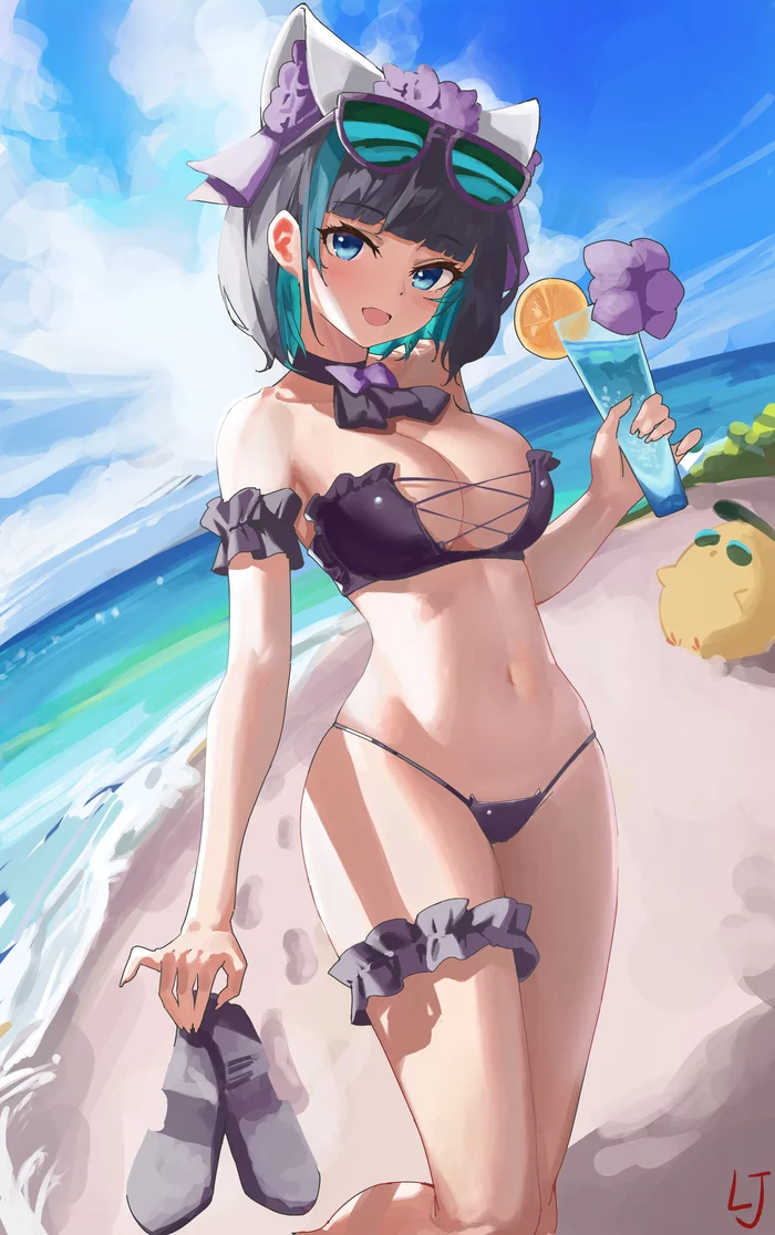 Where do you want to go this summer? - NSFW, Azur lane, Cheshire, Friedrich der Grosse, Bismarck, Vittorio Veneto, Anime art, Art, Girls, Swimsuit, Summer, Beach, Longpost, 