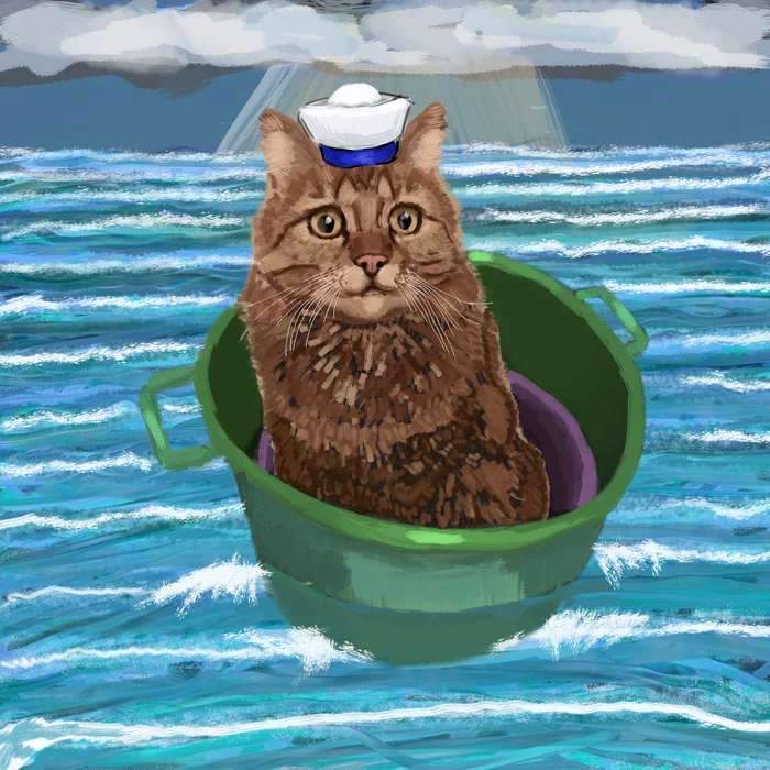 Georgian Navigator - My, Drawing, Digital drawing, cat, A bowl, Sea, Sailor
