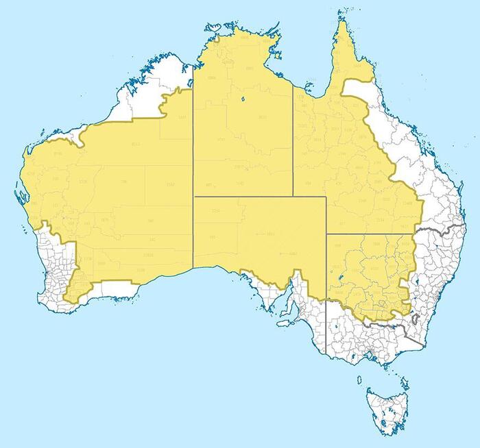 Всего 2% населения страны проживает на территории, выделенной жёлтым цветом Карты, Австралия