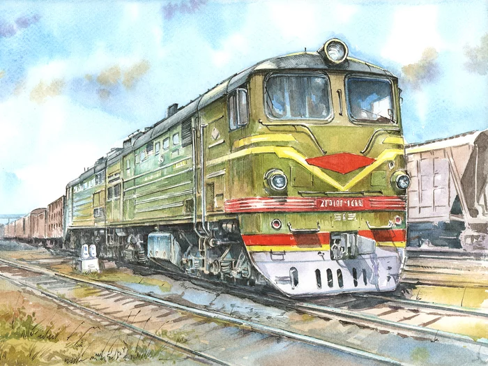 Diesel locomotives, diesel locomotives... - My, Memories, Made in USSR, Railway, Watercolor, Transport, 