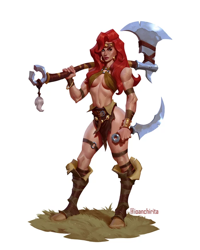 Barbarian girl with an axe - NSFW, Ioan Chirita, Girls, Strong girl, Art, Drawing, Redheads, Barbarian, Fitonyashka, 