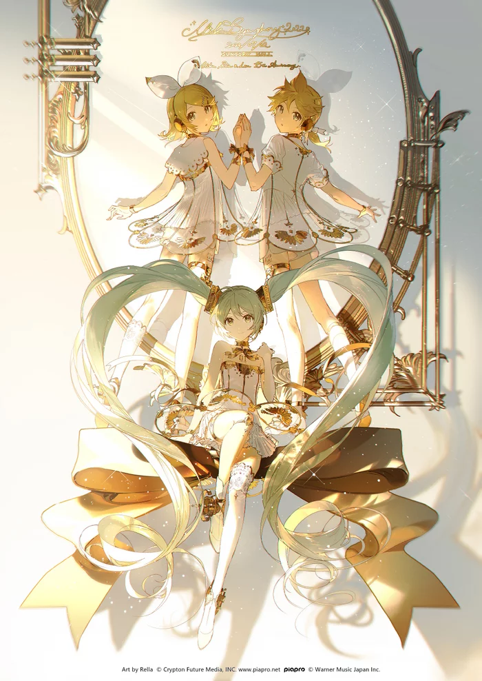 In The Mirror - Anime Art, Аниме, Девушки, Рисунок, Pixiv, Vocaloid, Hatsune Miku, Kagamine Rin, Kagamine Len, Rella, 