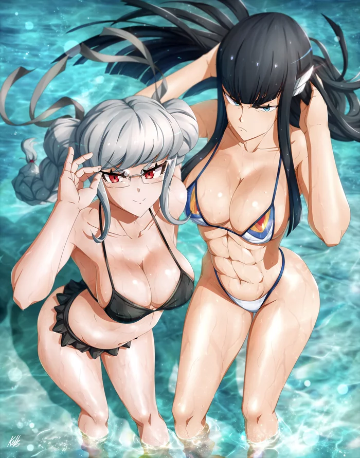 На пляже - NSFW, Danganronpa, Kill la Kill, Kiryuuin Satsuki, Pekoyama peko, Anime Art, Аниме, Кроссовер, Купальник, 