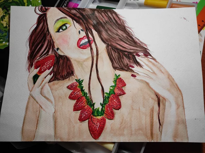 More strawberries? :) - My, Drawing, Watercolor markers, Strawberry (plant), Women, Sketch, Bust, , Life is pain, Morning, Regret, Stress, Text