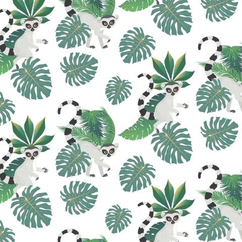 Cat lemurs and tropical leaves - My, Design, Decor, Vector graphics, Lemur, Feline lemur, Leaves, Tropics, Palm trees, Animals, Textile, Patterns, 