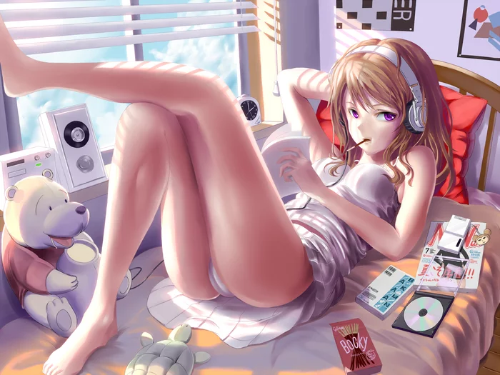 Pocky time - NSFW, Anime art, Anime, Girls, Drawing, Pixiv, Pantsu, Blonde, Headphones, 