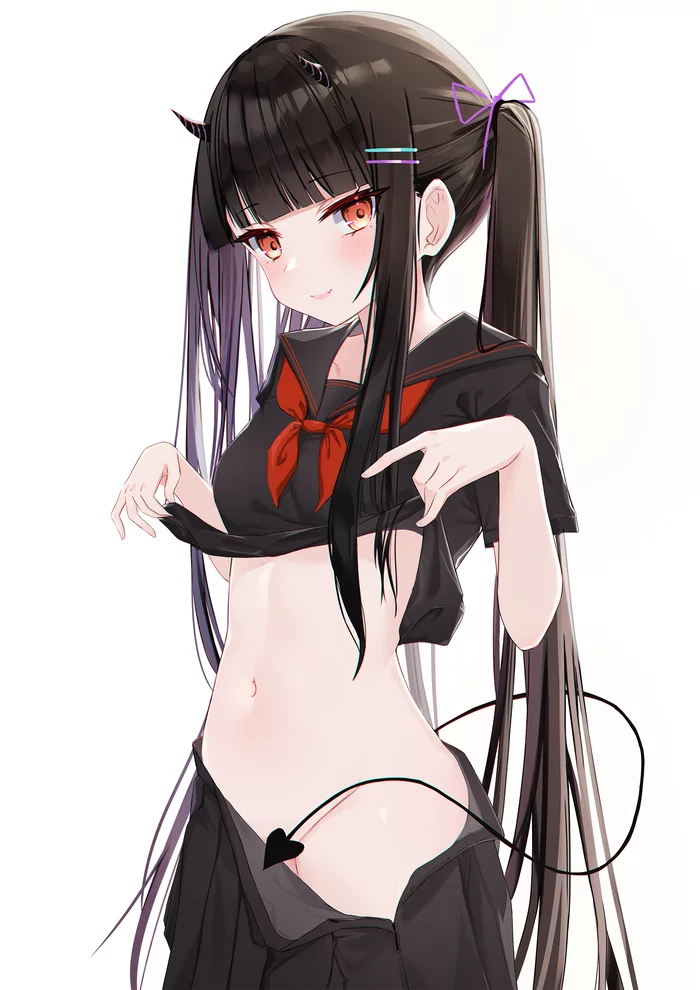 Every girl has a little... - NSFW, Anime art, Anime, Art, Girls, Hand-drawn erotica, Demoness, School uniform, Tail, Anime original, Lim