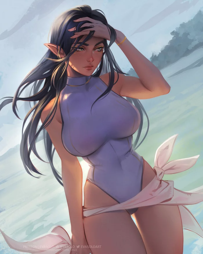 Brooding young lady - Drawing, Fantasy, Elves, Girls, Beach, Swimsuit, In thought, Evas0l0, Art