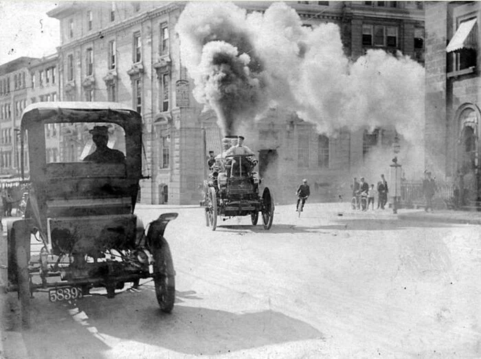 A steam fire engine in Vancouver (Canada) rushes to the call. 1908 year - Black and white photo, Fire engine, Vancouver, Canada, Steam car, Old photo