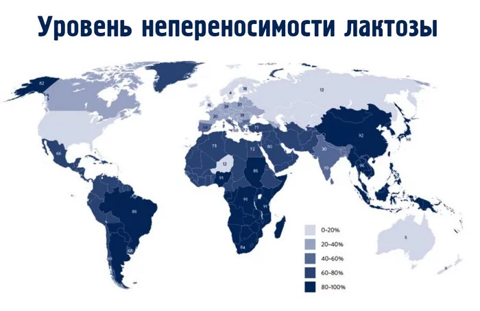 Уровень непереносимости лактозы у взрослого населения. Чем темнее, тем выше процент людей с непереносимостью - Карты, Молоко, Непереносимость лактозы