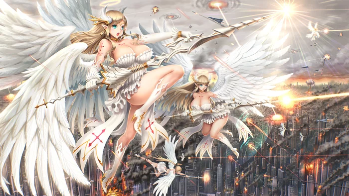 War in Heaven - NSFW, Anime art, Anime, Girls, Drawing, Pixiv, Angel, Boobs, Wings, Sci-Art, Youbou