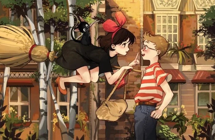 Oh, I don't believe in these superstitions! - Art, Anime, Anime art, Kiki's delivery service, Kiki, Black cat, Witch's Broom