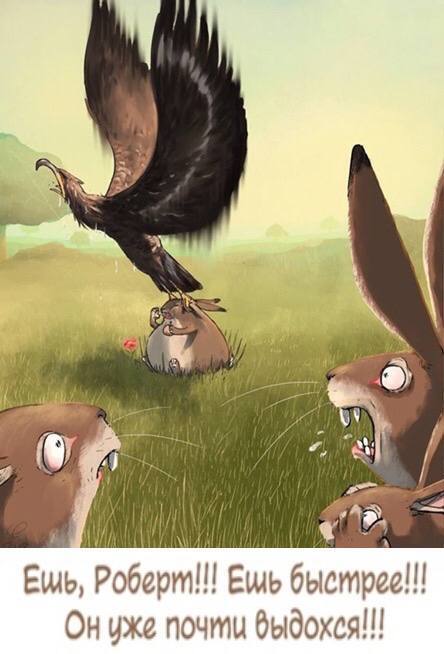 He's almost exhausted!!! - Black humor, Rabbit, Eagle, Eat it, Picture with text