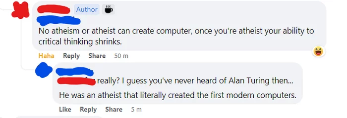 Atheists and Computers - Screenshot, Facebook, Critical thinking, Atheism, Alan Turing, Computer