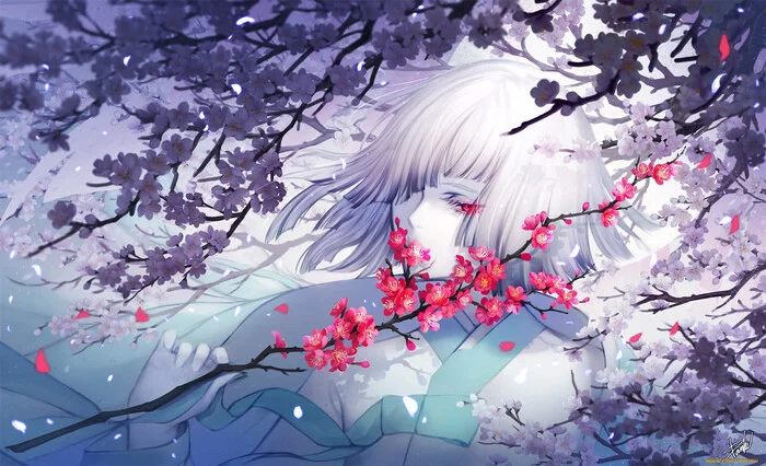 Cherries in bloom... - Art, Anime, Anime art, Anime original, Sakura, 