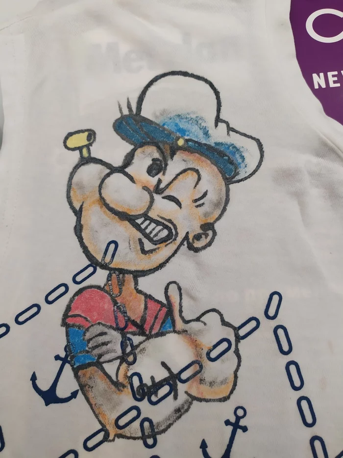 Learning to draw on clothes - My, Needlework without process, Painting on fabric, Popeye the sailor, Longpost, 