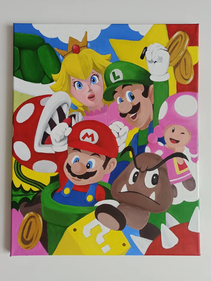 Art Mario 3D and introduction to Nintendo) - My, Picture with text, Games, Nintendo, Nintendo switch, Mario, Super mario, Game art, Art, Painting, Acrylic, Canvas, Artist, Characters (edit), Longpost, 