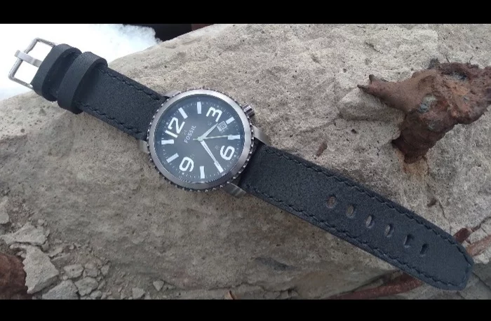 Watchband Fossil JR-1138. Black strap with black firmware - My, Leather products, Natural leather, Wrist Watch, Accessories, Leather, Clock, Male, Handmade, Strap, Fossil, Longpost, 