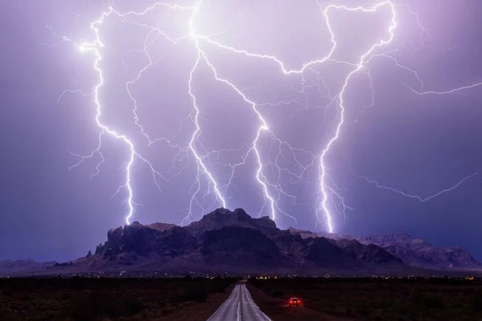 In the mountains of Montana - USA, Montana, The mountains, Lightning, Night, Road, Sky, Car, 