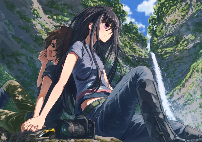Relaxation - Anime, Anime art, Anime original, Girls, The mountains, Waterfall, Camera, 