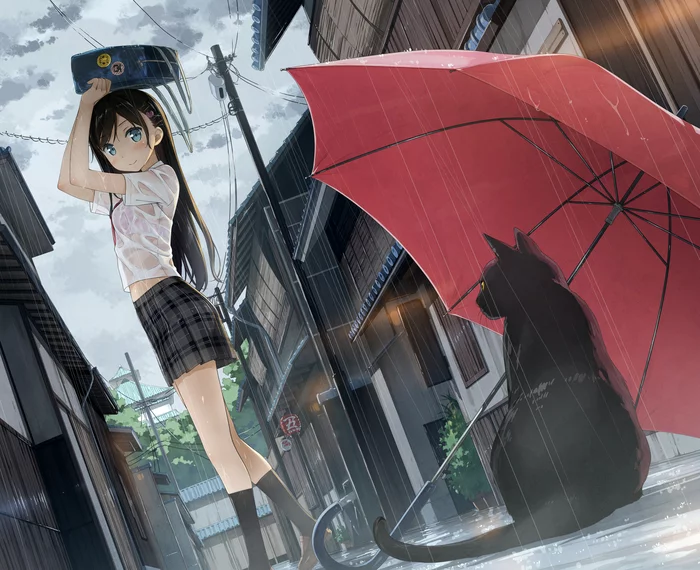 Under rain - NSFW, Anime art, Anime, Girls, Drawing, Pixiv, Kantoku, Neko, Umbrella, Soaked, 