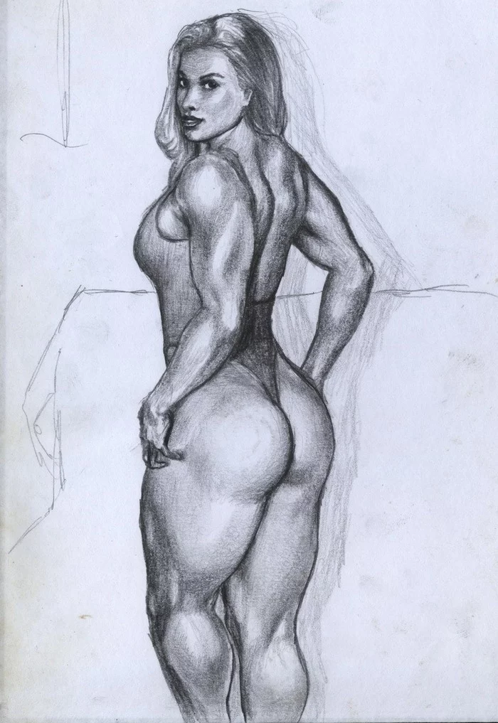 Previously promised drawing - My, Drawing, Girls, Pencil, Body-building, Bodybuilders, Strong girl, Longpost, 