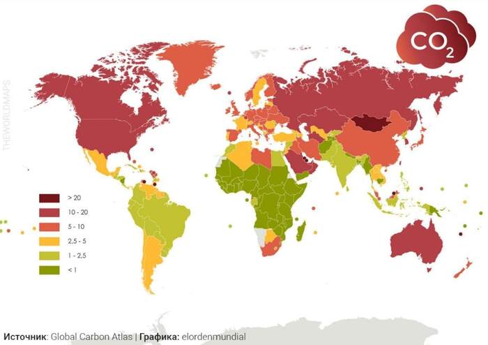 CO emissions per year per capita in countries of the world - Ecology, Ecological catastrophy, Emissions into the atmosphere, Carbon dioxide, Statistics, Comparison, 