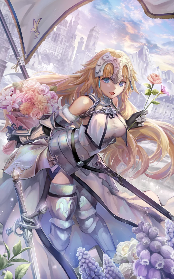 La Pucelle - Anime art, Anime, Girls, Drawing, Pixiv, Fate, Fate grand order, Fate apocrypha, Jeanne darc, Torino akua, Sword, Bouquet, Flag, 