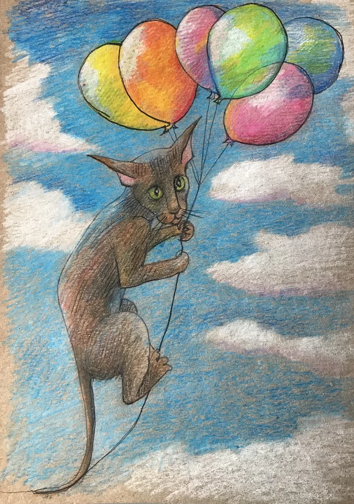 Flight - My, Luboff00, Colour pencils, Graphics, Pencil drawing, Marker, Tinted paper, cat, 