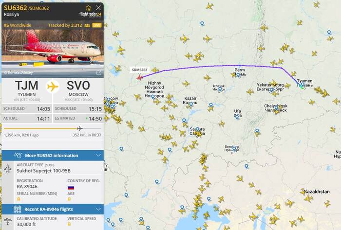 Flying from Tyumen to Moscow passenger Superjet gave an alarm signal over the Kirov region - Moscow, Tyumen, Airplane, Landing, Mining, Posts, Anonymity, Terrorism, Sheremetyevo, Flightradar24, 