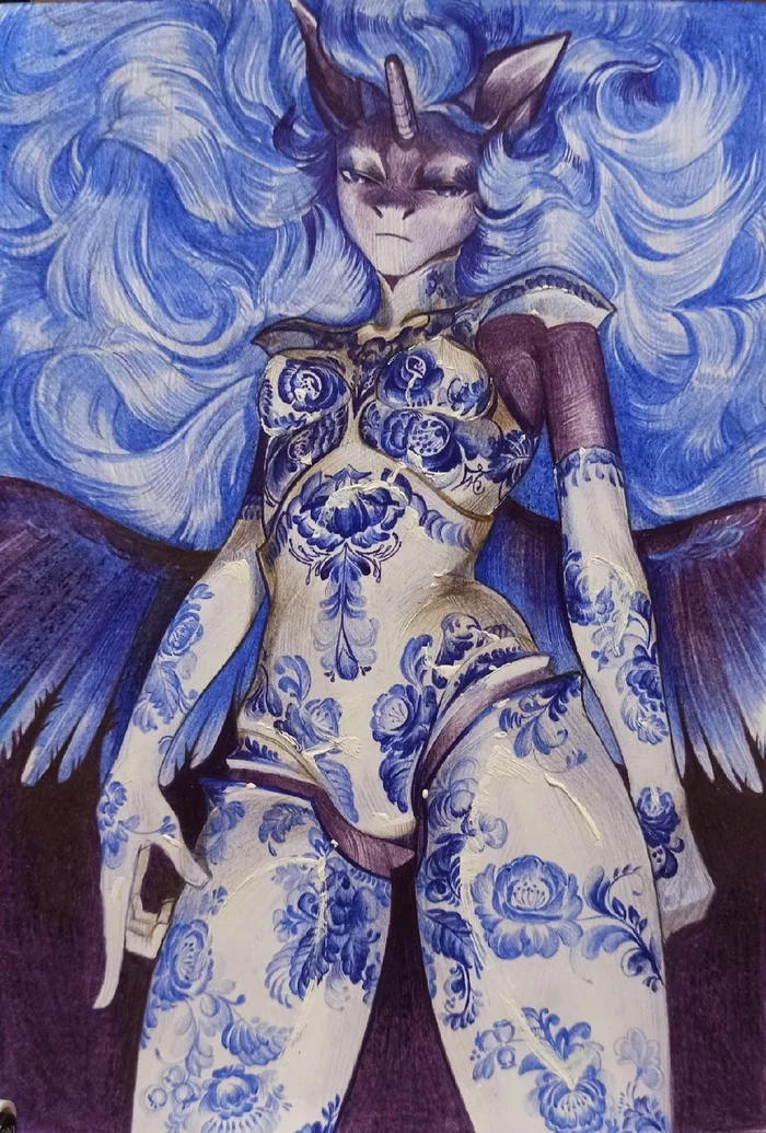 The Gzhel Queen - My little pony, Original character, Anthro, Gzhel, Traditional art, Yanchek, 