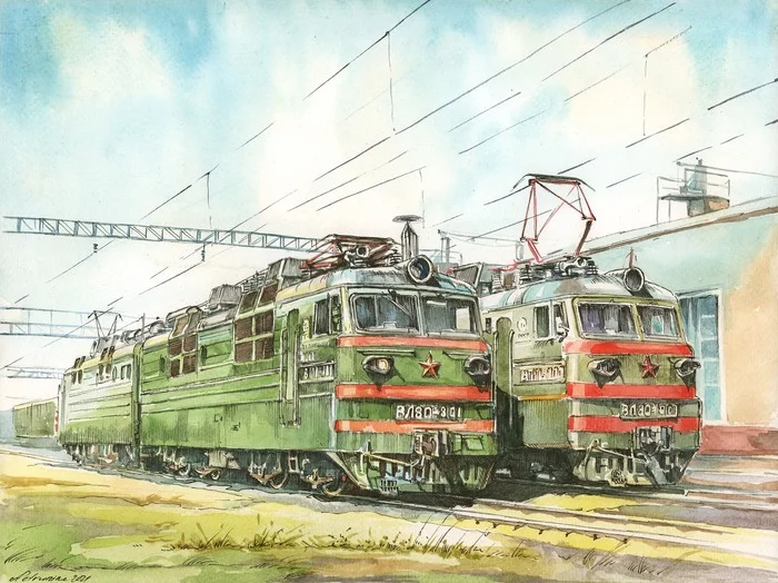 Electric locomotives VL-80 - My, Transport, Russian Railways, Railway, the USSR, Depot, Watercolor, Drawing, 