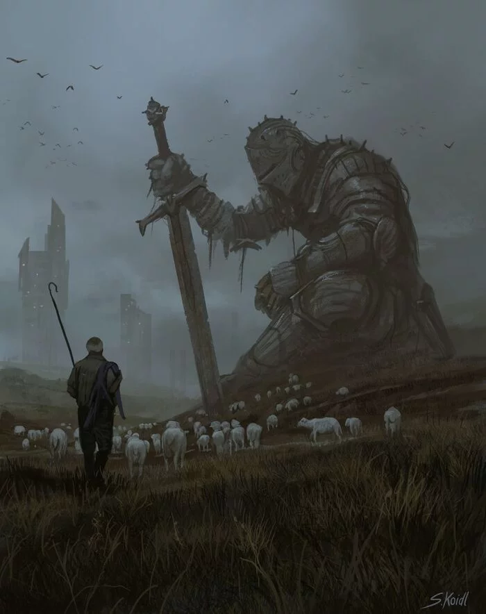 The Old Guardian - Drawing, Statue, Warrior, Guardian, Field, Shepherd, Sheeps, Stefan koidl, Art, 