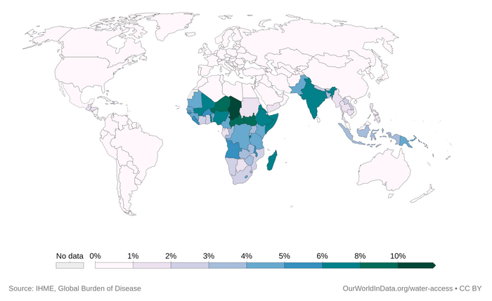 Процент смертей, связанных с использованием небезопасных источников воды, 2019