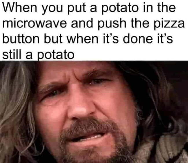 Why doesn't it work?! - Potato, Pizza, Microwave, Disappointment, Picture with text, Translation, Humor, The Big Lebowski, 