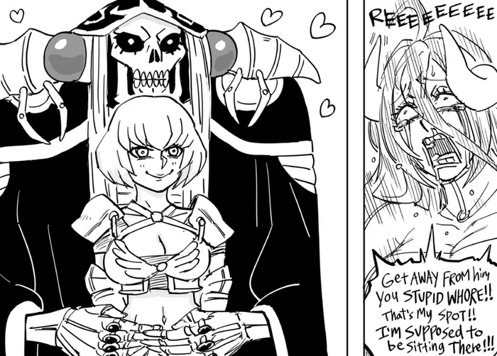 Meme Two women yelling at a cat on the contrary :3 - Art, Anime, Overlord, Ainz ooal gown, Albedo, Clementine, Succubus, Girl with Horns, Two women yell at the cat, Memes, Jealousy, Baalbuddy, 