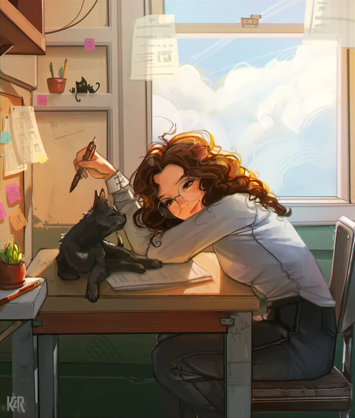 Warm day - Drawing, Girls, cat, Glasses, The sun, Day, Heat, Cosiness, Art, 