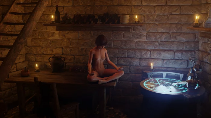 Dark Meditation - NSFW, My, Erotic, Art, 3D, Blender, Boobs, Without underwear, 