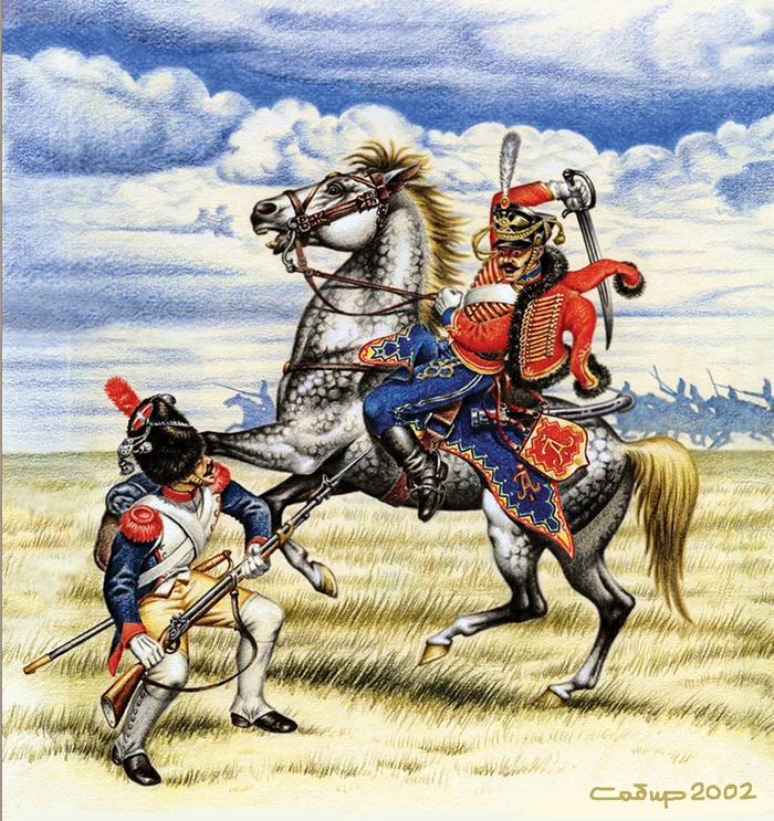 Russian Hussar and French Guards Grenadier 1812 - My, 1812, Drawing, Watercolor, Pastel, Colour pencils, Hussar, Cavalry, Borodino, Horses, Pencil drawing, Graphics, Book graphics, Illustrations