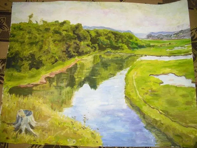 Very far from the original, but from the heart :) - My, Painting, Painting, Landscape, River, Nature