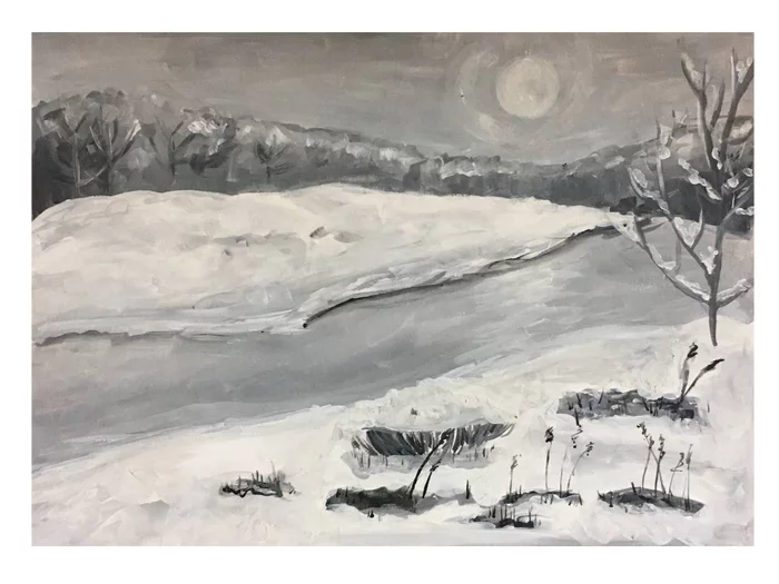 What I Write, Post 2 - My, Painting, Winter, Monochrome, Gouache, River, Orenburg region, Landscape