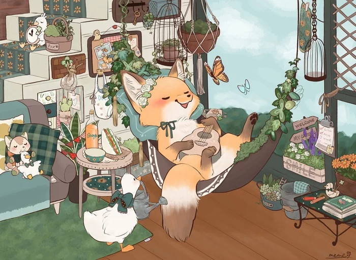 Relaxation - Drawing, Fox, Animals, Hammock, Guitar, Гусь, Relaxation, Art, Plant pot, Plants